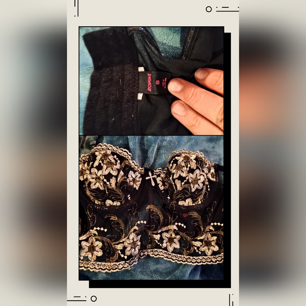 ROMWE Black and Gold Floral Lace Top